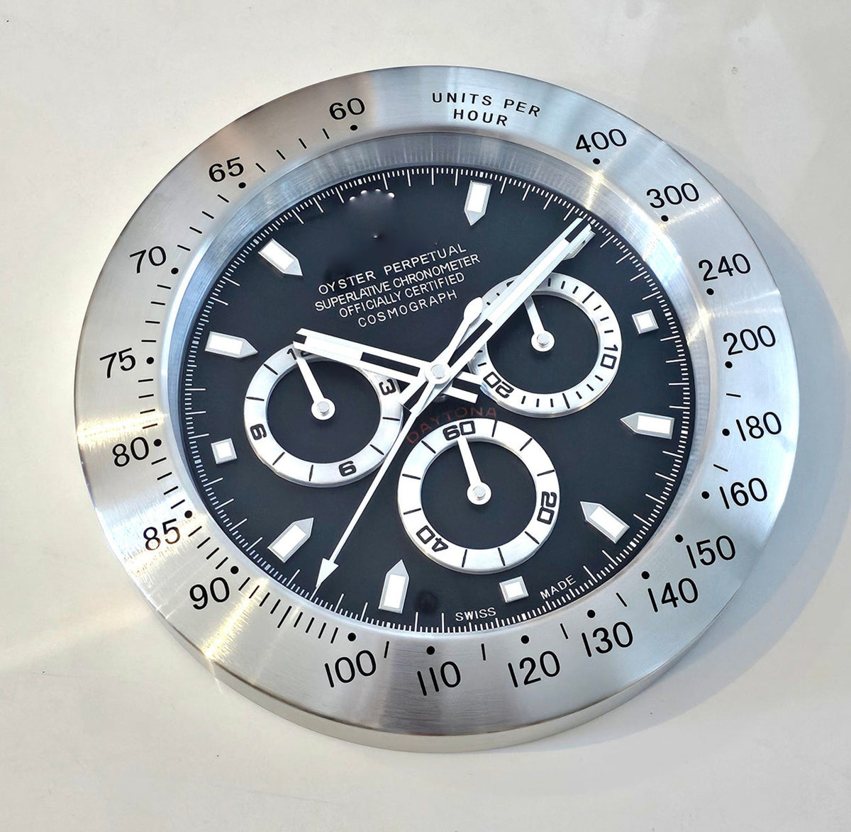 DAYTONA Wall Clock in Brushed Stainless Steel Glass And Black Dial