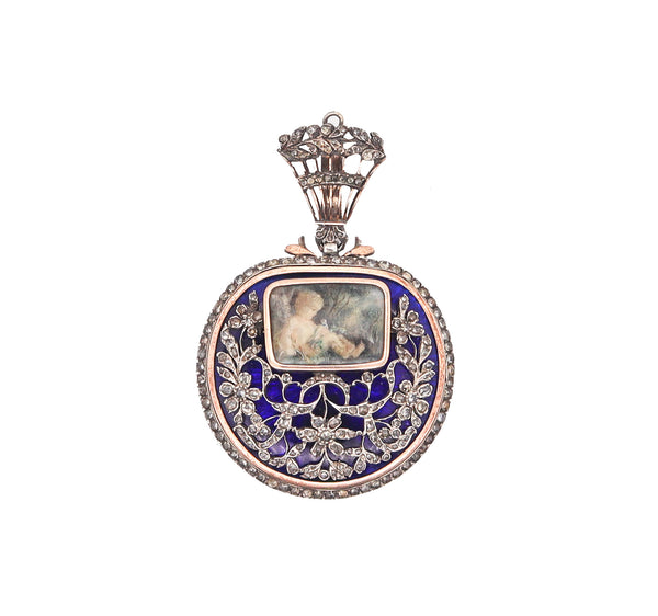 GEORGIAN 1810 England Blue Enameled Pendant In Silver Gold & Diamonds