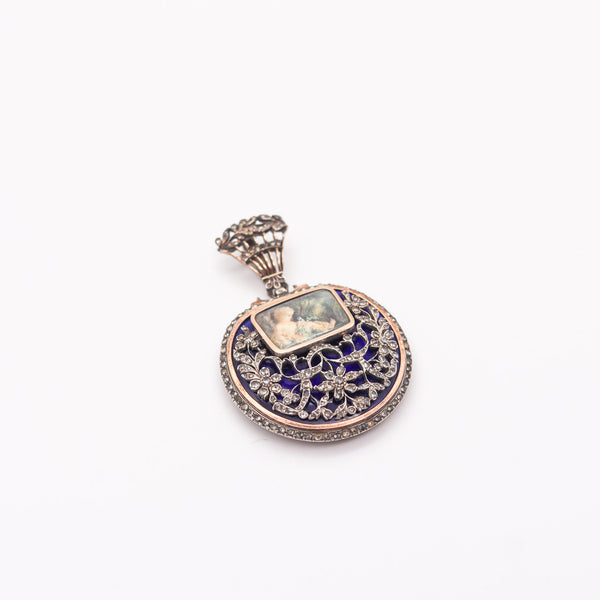 GEORGIAN 1810 England Blue Enameled Pendant In Silver Gold & Diamonds