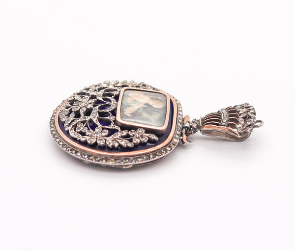 GEORGIAN 1810 England Blue Enameled Pendant In Silver Gold & Diamonds