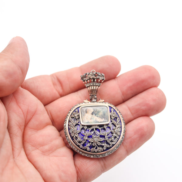 GEORGIAN 1810 England Blue Enameled Pendant In Silver Gold & Diamonds
