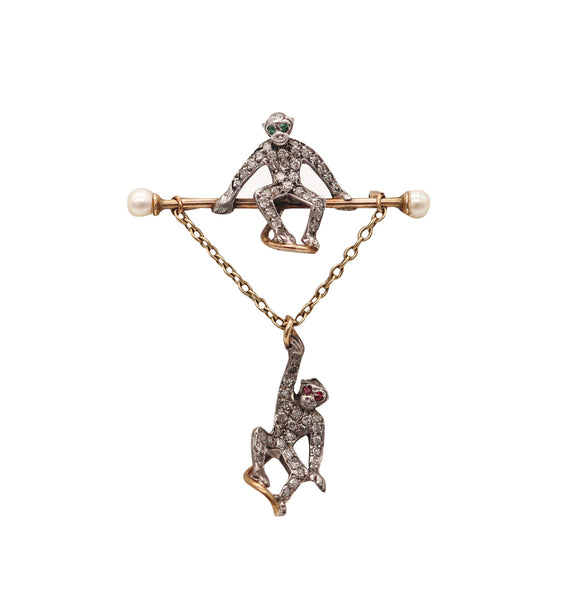 FRENCH 1900 Circus Monkeys Brooch In 14-18Kt Gold & Silver With Diamonds