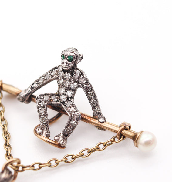 FRENCH 1900 Circus Monkeys Brooch In 14-18Kt Gold & Silver With Diamonds