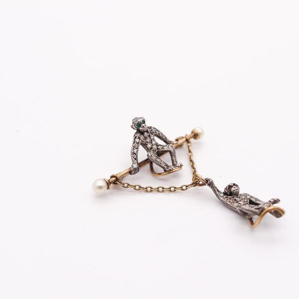 FRENCH 1900 Circus Monkeys Brooch In 14-18Kt Gold & Silver With Diamonds