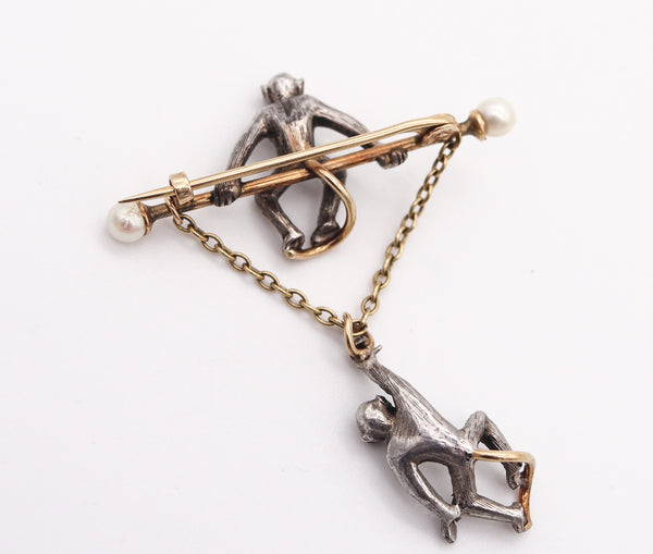 FRENCH 1900 Circus Monkeys Brooch In 14-18Kt Gold & Silver With Diamonds