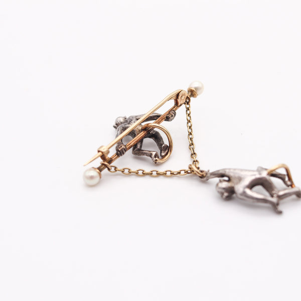 FRENCH 1900 Circus Monkeys Brooch In 14-18Kt Gold & Silver With Diamonds