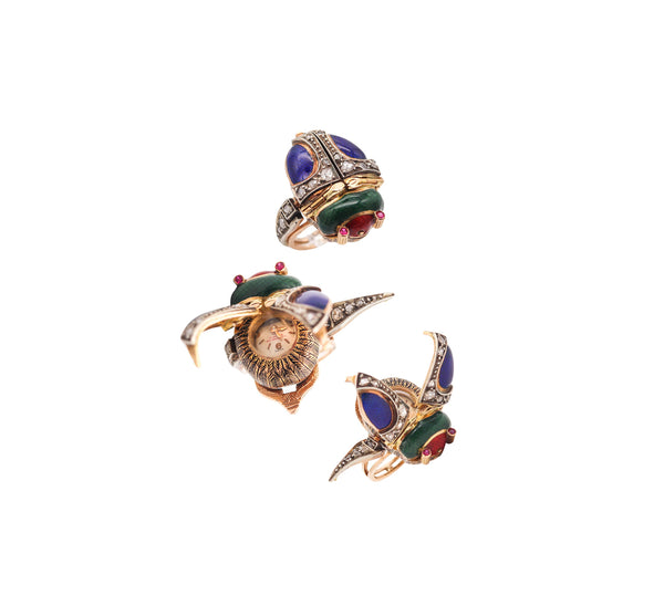 AUSTRIAN HUNGARIAN 1915 Enameled Beetle Watch-Ring In 18Kt Gold & Diamonds