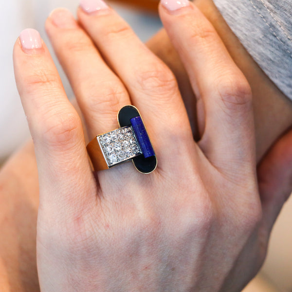 RAYMOND TEMPLIER 1930 Sculptural Ring In 18Kt Gold Platinum And Gemstones