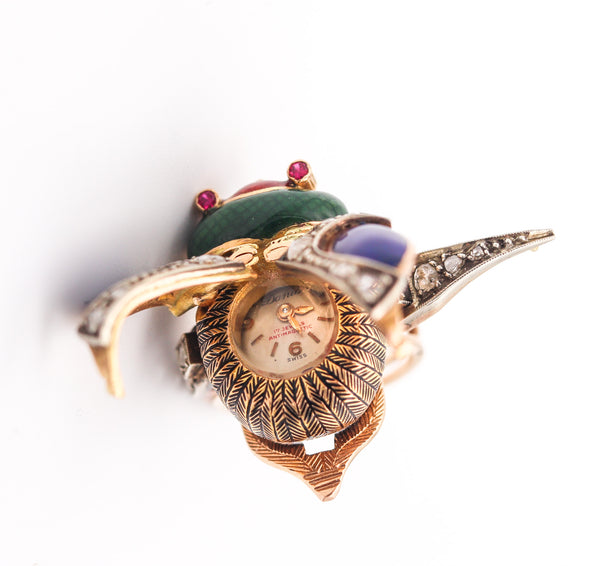 AUSTRIAN HUNGARIAN 1915 Enameled Beetle Watch-Ring In 18Kt Gold & Diamonds