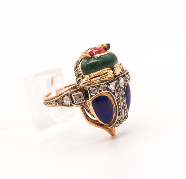 AUSTRIAN HUNGARIAN 1915 Enameled Beetle Watch-Ring In 18Kt Gold & Diamonds