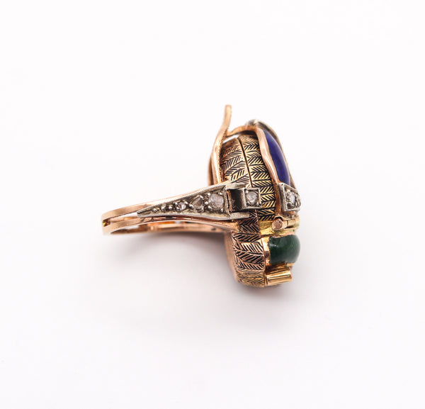 AUSTRIAN HUNGARIAN 1915 Enameled Beetle Watch-Ring In 18Kt Gold & Diamonds