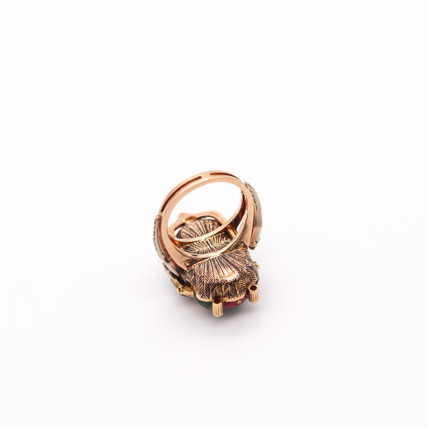 AUSTRIAN HUNGARIAN 1915 Enameled Beetle Watch-Ring In 18Kt Gold & Diamonds