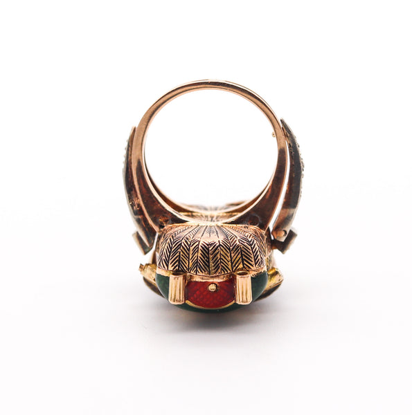AUSTRIAN HUNGARIAN 1915 Enameled Beetle Watch-Ring In 18Kt Gold & Diamonds