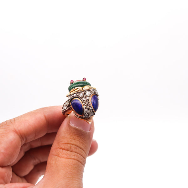 AUSTRIAN HUNGARIAN 1915 Enameled Beetle Watch-Ring In 18Kt Gold & Diamonds