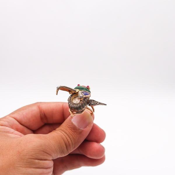 AUSTRIAN HUNGARIAN 1915 Enameled Beetle Watch-Ring In 18Kt Gold & Diamonds