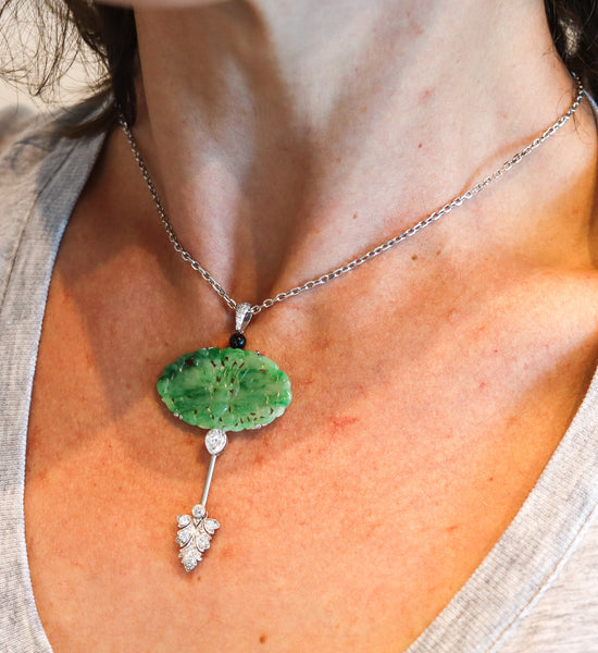 J.B. CALDWELL 1920 Jabot Brooch In Platinum And 11.32 Ctw Diamonds Jadeite & Onyx