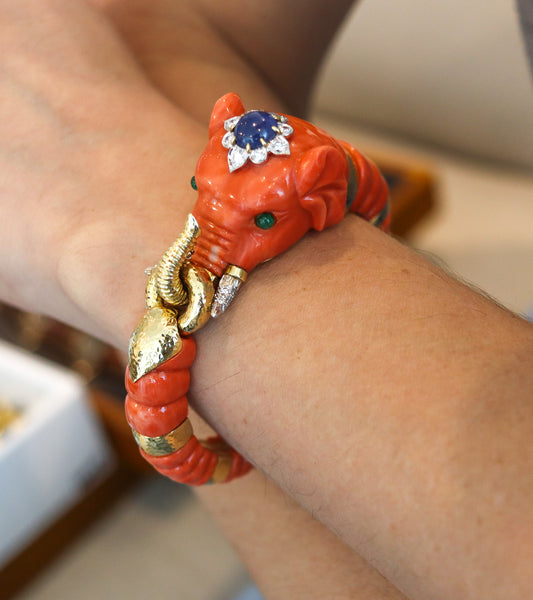 DAVID WEBB Carved Coral Elephant Bracelet 18Kt Gold Platinum Diamonds & Sapphire