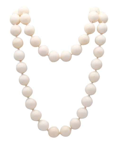 ITALIAN 1970 Angel Skin Coral Beads Long Necklace Mount In 18 Kt Yellow Gold