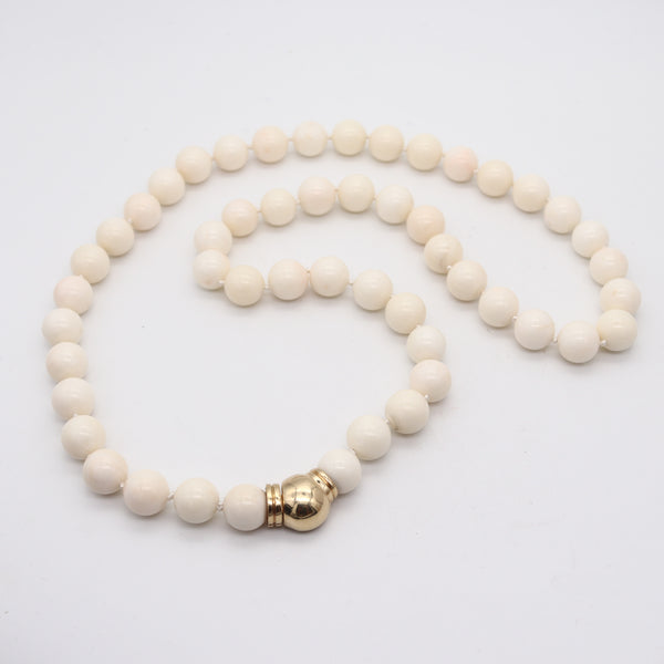 ITALIAN 1970 Angel Skin Coral Beads Long Necklace Mount In 18 Kt Yellow Gold