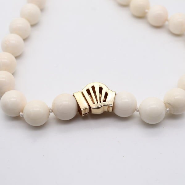 ITALIAN 1970 Angel Skin Coral Beads Long Necklace Mount In 18 Kt Yellow Gold