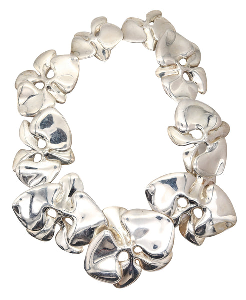 ANGELA CUMMINGS 1984 Rare Sculptural Orchids Necklace In .925 Sterling silver