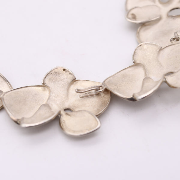 ANGELA CUMMINGS 1984 Rare Sculptural Orchids Necklace In .925 Sterling silver