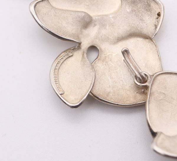 ANGELA CUMMINGS 1984 Rare Sculptural Orchids Necklace In .925 Sterling silver