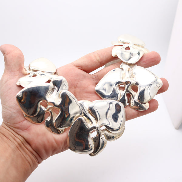 ANGELA CUMMINGS 1984 Rare Sculptural Orchids Necklace In .925 Sterling silver