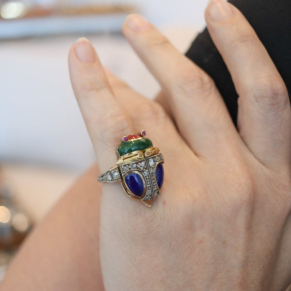 AUSTRIAN HUNGARIAN 1915 Enameled Beetle Watch-Ring In 18Kt Gold & Diamonds