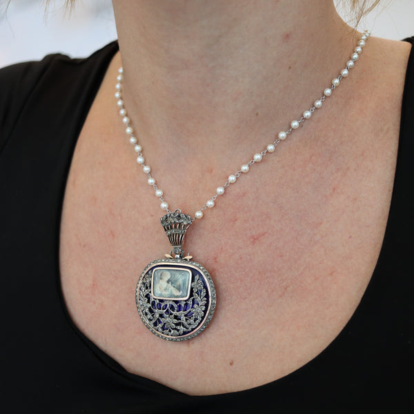 GEORGIAN 1810 England Blue Enameled Pendant In Silver Gold & Diamonds