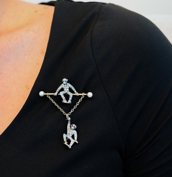 FRENCH 1900 Circus Monkeys Brooch In 14-18Kt Gold & Silver With Diamonds