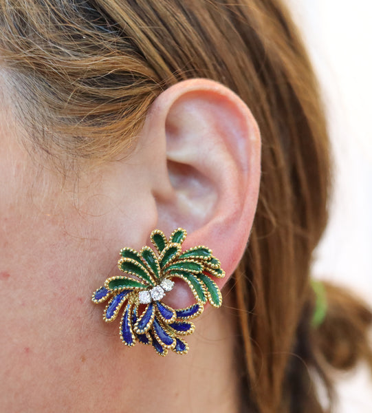 FRENCH 1960 Enameled Retro Modern Clips Earrings In 18Kt Yellow Gold With Diamonds