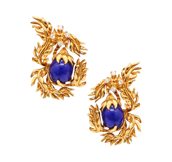 CARTIER 1969 Aldo Cipullo Clips Earrings In 18Kt Yellow Gold With Lapis & Diamonds