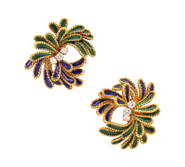 FRENCH 1960 Enameled Retro Modern Clips Earrings In 18Kt Yellow Gold With Diamonds