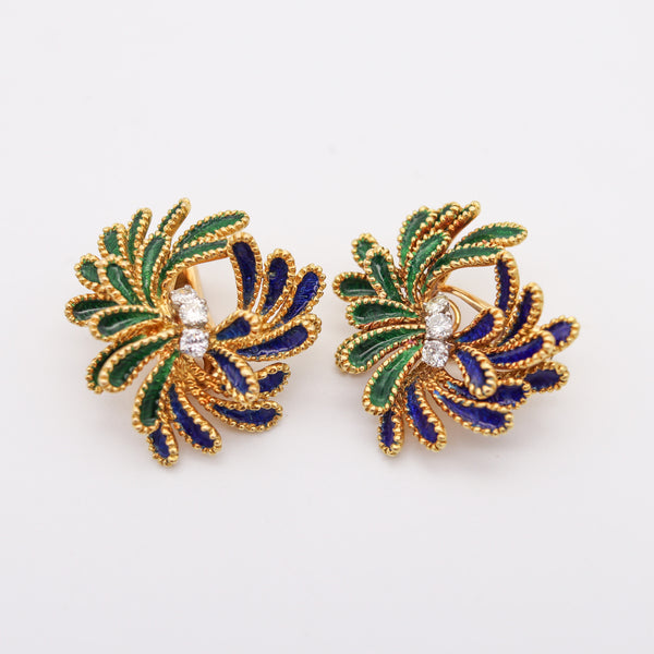 FRENCH 1960 Enameled Retro Modern Clips Earrings In 18Kt Yellow Gold With Diamonds