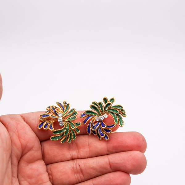 FRENCH 1960 Enameled Retro Modern Clips Earrings In 18Kt Yellow Gold With Diamonds