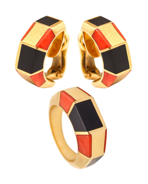 OCTAVIO SARDA Spanish Modernist Earrings-Ring Set In 18Kt Gold With Coral & Onyx