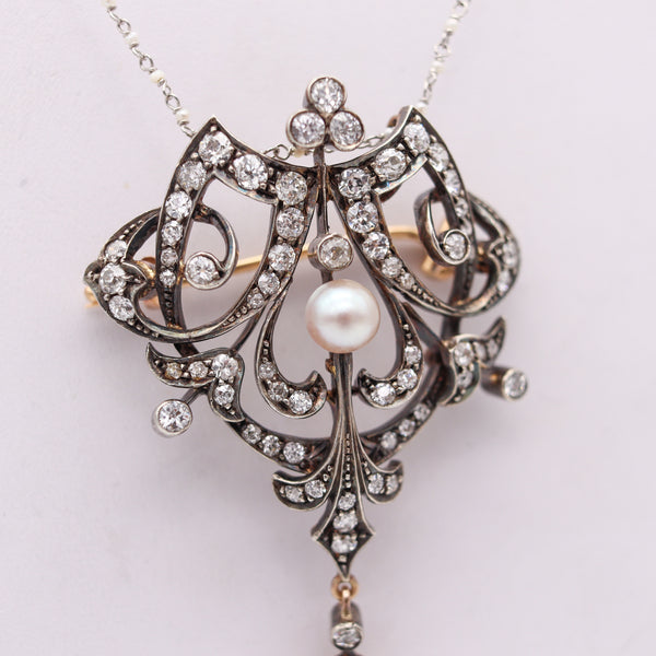 FRENCH 1880 Neo Classic Necklace-Brooch In 18Kt Gold & Silver With Diamonds & Pearls