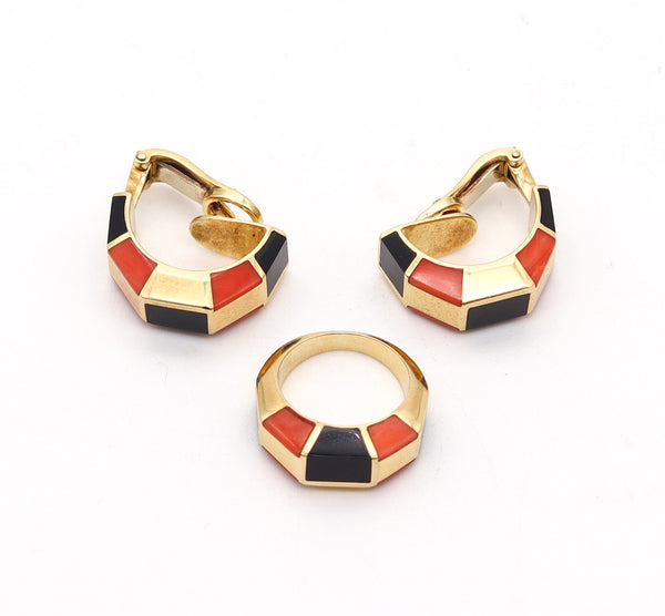 OCTAVIO SARDA Spanish Modernist Earrings-Ring Set In 18Kt Gold With Coral & Onyx