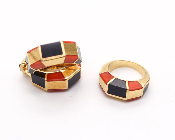 OCTAVIO SARDA Spanish Modernist Earrings-Ring Set In 18Kt Gold With Coral & Onyx