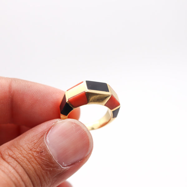 OCTAVIO SARDA Spanish Modernist Earrings-Ring Set In 18Kt Gold With Coral & Onyx