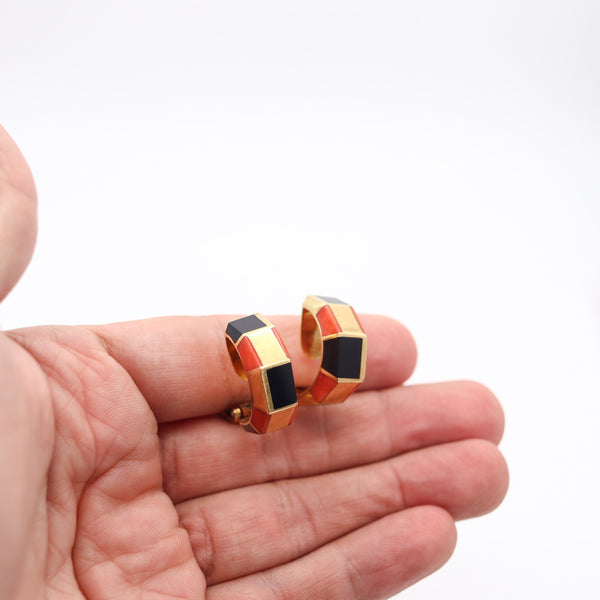 OCTAVIO SARDA Spanish Modernist Earrings-Ring Set In 18Kt Gold With Coral & Onyx