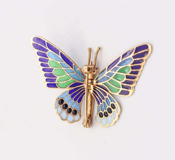 SPANISH Art Nouveau Plique à Jour Enamel Butterfly Brooch In 18Kt Yellow Gold