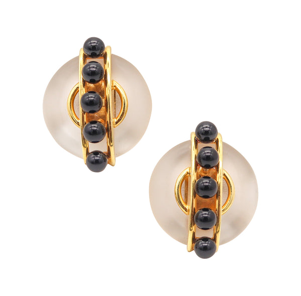 CARTIER 1972 Aldo Cipullo Earrings In 18Kt Yellow Gold With Rock Quartz & Onyx