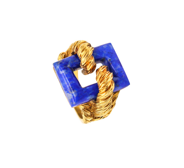 ITALIAN 1970 Twisted Modernist Ring In 18Kt Yellow Gold With Lapis Lazuli