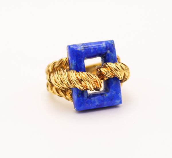 ITALIAN 1970 Twisted Modernist Ring In 18Kt Yellow Gold With Lapis Lazuli