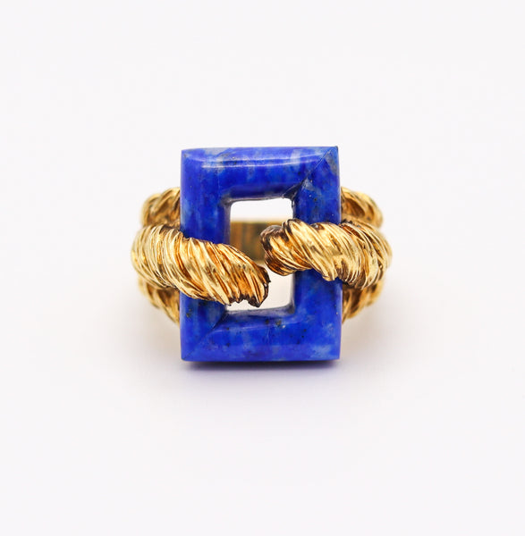 ITALIAN 1970 Twisted Modernist Ring In 18Kt Yellow Gold With Lapis Lazuli