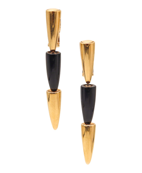 VHERNIER Milano Calla Dangle Drop Clips-On Earrings in 18 Kt Yellow Gold & Onyx