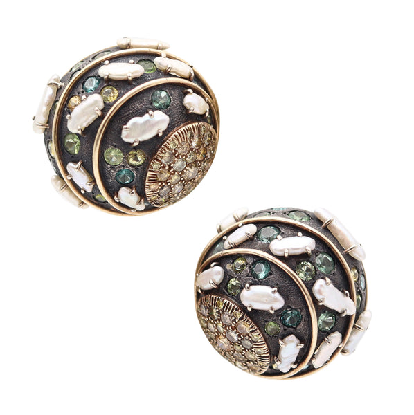 MARILYN COOPERMAN Earrings In 18Kt Gold Oxidized Sterling Sapphires & Pearls