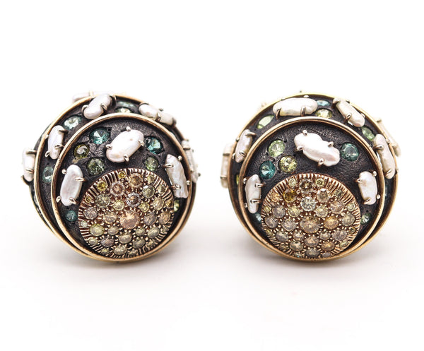 MARILYN COOPERMAN Earrings In 18Kt Gold Oxidized Sterling Sapphires & Pearls